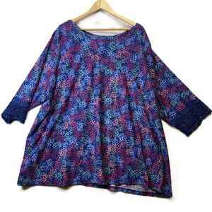 Woman Within Blue Floral Knit Top Lace Trim Sleeves Plus Size 4X 34/36